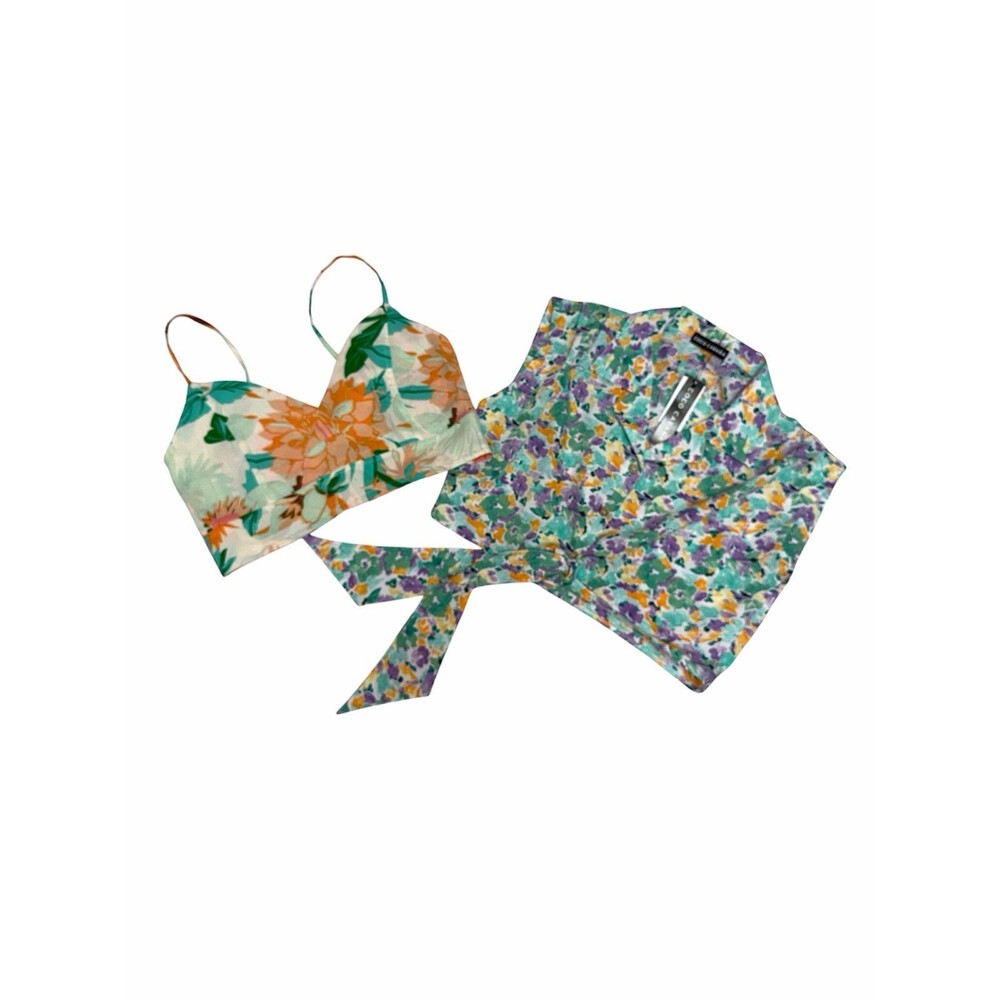 Button down tie front and smocked cami floral cropped tops